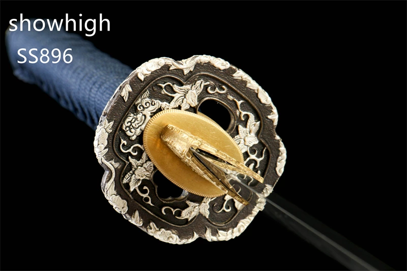 handmade T10 full blade clay tempered real hamon katana sword with gold and silver plated brass tsuba SS896