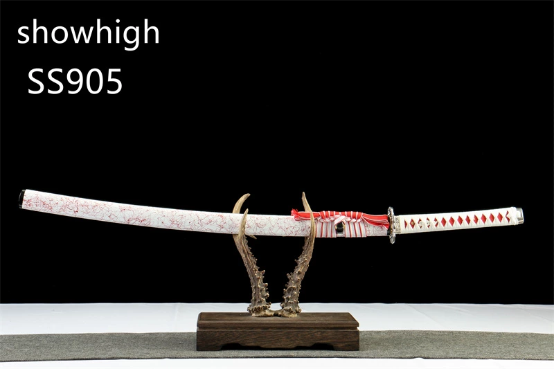 handmade 1065steel katana sword with touchable red lines on white saya SS905