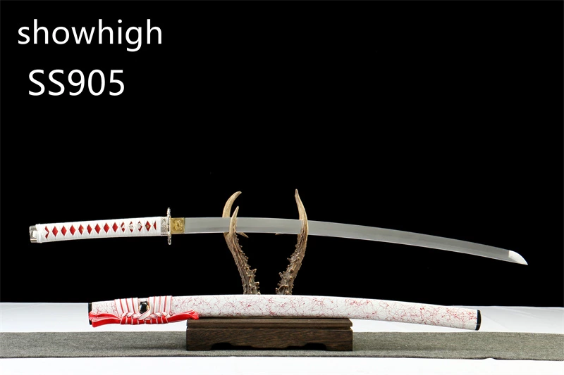 handmade 1065steel katana sword with touchable red lines on white saya SS905