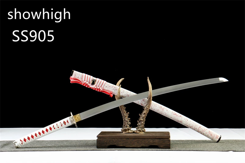 handmade 1065steel katana sword with touchable red lines on white saya SS905