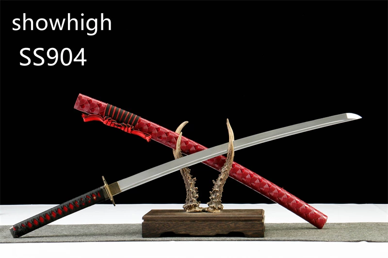 handmade 1065steel katana sword with red leather wrapped wood saya SS904