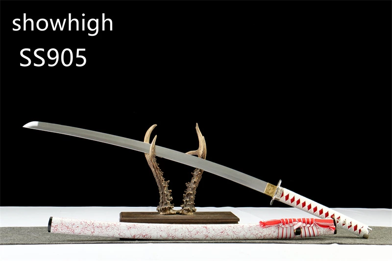 handmade 1065steel katana sword with touchable red lines on white saya SS905