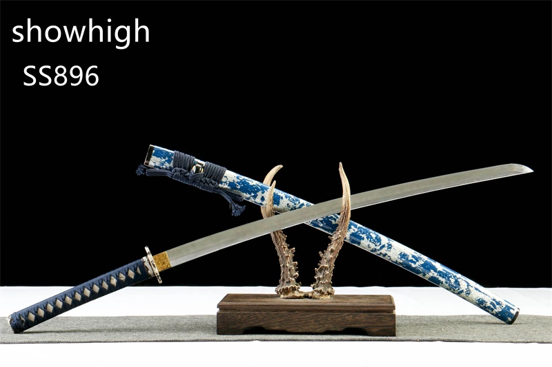 handmade T10 full blade clay tempered real hamon katana sword with gold and silver plated brass tsuba SS896