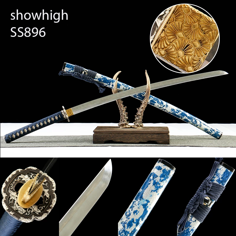 handmade T10 full blade clay tempered real hamon katana sword with gold and silver plated brass tsuba SS896