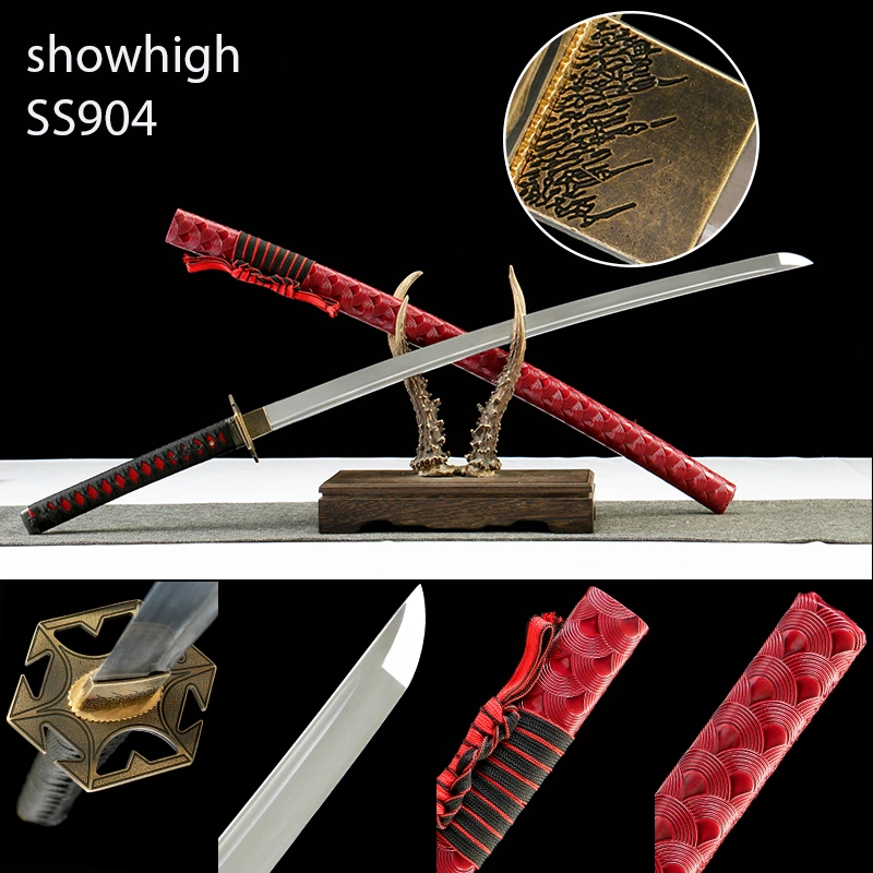 handmade 1065steel katana sword with red leather wrapped wood saya SS904