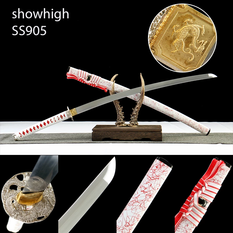handmade 1065steel katana sword with touchable red lines on white saya SS905