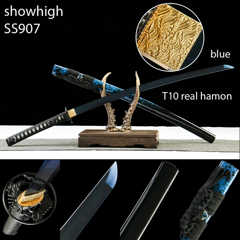 handmade T10 real hamon blue katana sword SS907