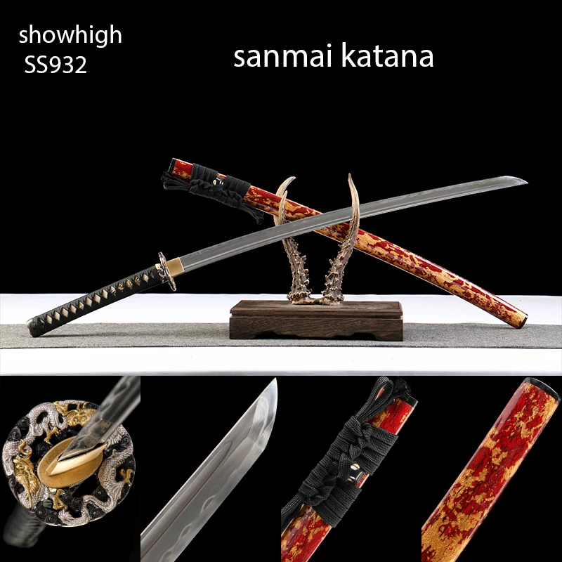 handmade high quality  sanmai katana  sword with gold foil on wood saya  SS932